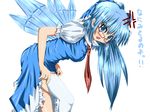  1girl adjusting_clothes adjusting_legwear alternate_hairstyle angry bad_id bad_pixiv_id bespectacled blue_eyes blue_hair blush bow breasts cirno cirno-nee dress glasses kantarou_(nurumayutei) long_hair medium_breasts necktie older open_mouth solo thighhighs touhou translated wings zettai_ryouiki 