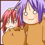  :3 animal_costume bear_costume bear_tsukasa bear_yutaka capybara-san chibi hand_on_head hands_on_own_face hiiragi_tsukasa kobayakawa_yutaka lowres lucky_star minami_(colorful_palette) multiple_girls o_o purple_hair red_hair short_hair 