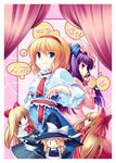 alice_margatroid back-to-back blonde_hair bow capelet character_doll date_hajime doll hair_bow hairband hands_clasped hat kirisame_marisa long_hair looking_at_viewer looking_back multiple_girls own_hands_together patchouli_knowledge puppet purple_hair ribbon sash shanghai_doll short_hair smile string touhou translated very_long_hair witch_hat 