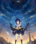  blue_hair book cloud cross crown dhiea dhiea_seville grave highres lolita_fashion magic magic_circle moon pause scenery short_hair sky smile solo star_(sky) starry_sky sunrise sunset yellow_eyes 