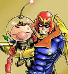  abs brown_hair captain_falcon carrying f-zero gloves grin helmet koma_(side) leaf lowres male_focus multiple_boys muscle nose olimar pikmin_(creature) pikmin_(series) pointy_ears salute scarf smile spacesuit super_smash_bros. sweatdrop two-finger_salute 