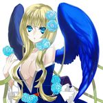  :o angel bare_shoulders blonde_hair blue_eyes blue_nails breasts choker cleavage flower frills gathers long_hair mami_(apsaras) medium_breasts nail_polish off_shoulder open_mouth original ribbon solo wings 