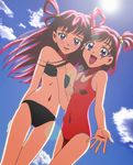  :d bikini blush cloud dark_cure_(yes!_precure_5) dark_dream day embarrassed eyelashes flat_chest light long_hair multiple_girls natsuhina navel one-piece_swimsuit open_mouth pink_hair precure purple_eyes shy sky smile sun sunlight swimsuit yes!_precure_5 yumehara_nozomi 