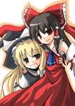  :d aoi_satsuki ascot blonde_hair grin hakurei_reimu hat kirisame_marisa long_hair looking_at_viewer multiple_girls open_mouth red_skirt simple_background skirt smile teeth touhou white_background witch_hat 