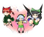  animal_ears bow braid cape cat_ears green_bow hair_bow hat kaenbyou_rin komeiji_koishi komeiji_satori multiple_girls reiuji_utsuho ribbon touhou urushi wings 