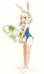  1girl absurdres ahoge animal_ears bare_arms bare_legs barefoot blonde_hair blue_one-piece_swimsuit blush commission full_body furrification furry furry_female highres holding holding_swim_ring idolmaster idolmaster_cinderella_girls looking_at_viewer name_tag nendo23 old_school_swimsuit one-piece_swimsuit rabbit_ears rabbit_tail school_swimsuit short_twintails solo standing swim_ring swimsuit tail tan tanlines twintails twitter_username yusa_kozue 
