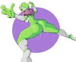 abstract_background absurd_res amphibian anthro big_butt biped breasts bubble_butt butt double_finger_gun female fighting_pose finger_gun frog gesture green_body hand_gesture hi_res huge_butt membrane_(anatomy) mostly_nude noirchaton4 open_mouth pose rear_view side_boob small_waist solo thick_thighs tree_frog webbed_hands wet wet_body white_body yellow_eyes