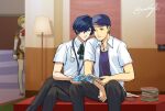  1girl 2boys aegis_(persona) anarogiizu bench black_hair black_pants blonde_hair blue_hat blue_shirt book closed_mouth crossed_legs facial_hair gekkoukan_high_school_uniform hair_between_eyes hat highres indoors iori_junpei jewelry lamp male_focus multiple_boys neck_ribbon necklace pants persona persona_3 reading ribbon school_uniform shirt sitting standing stubble twitter_username white_shirt yuuki_makoto_(persona_3) 