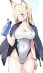  1girl animal_ear_fluff animal_ears black_jacket blonde_hair blue_archive blue_eyes blue_hair blue_halo blue_jacket bottle breasts collarbone commentary_request competition_swimsuit covered_navel hair_over_one_eye halo highleg highleg_swimsuit highres holding holding_bottle jacket jacket_on_shoulders kanna_(blue_archive) large_breasts long_hair looking_to_the_side one-piece_swimsuit simple_background slit_pupils solo swimsuit thighs toujou_masateru wet white_background white_one-piece_swimsuit 