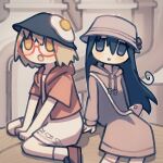  2girls arms_between_legs black_eyes blonde_hair blush brown_footwear brown_robe bucket_hat dress feet_out_of_frame fish floating_hair food food_on_head fried_egg futami_ya glasses hat head_tilt highres hood hood_down hooded_robe hoodie long_hair long_sleeves looking_at_viewer multiple_girls object_on_head open_clothes open_hoodie open_mouth red-framed_eyewear red_hoodie robe shimeji_simulation shoes short_dress short_hair short_sleeves shoulder_strap sitting socks tsukishima_shijima v_arms wariza white_dress white_socks yamashita_majime yellow_eyes 