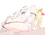  1boy 1girl ass back bare_shoulders black_panties blonde_hair blush breasts clothed_sex clothing_aside commentary_request cum cum_in_pussy cum_overflow from_side girl_on_top hetero hoshikawa_sara hoshikawa_sara_(1st_costume) large_breasts long_hair ohako orange_ribbon panties panties_aside panty_pull pink_ribbon ponytail pulled_by_self reverse_cowgirl_position ribbon sex shirt side_ponytail simple_background straddling strap_slip sweat tank_top tied_shirt trembling two-tone_ribbon underwear virtual_youtuber white_background white_tank_top 