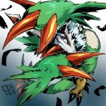  bird collarbone digimon digimon_(creature) dragon eye_mask feathers full_body gradient_background green_feathers green_tail horns oden_(odenzzi) pteromon purple_eyes single_horn sketch solo 