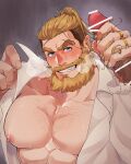  1boy abs absurdres bara beard bergamond_(crave_saga) blue_eyes blush chest_hair crave_saga eyebrow_cut facial_hair grin handjob highres jewelry large_pectorals long_hair looking_at_viewer male_focus mature_male muscular muscular_male nipples open_clothes pectorals ponytail ring shirt smile solo steaming_body sweat thick_eyebrows thick_mustache usuki_(usukine1go) white_shirt 