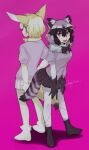  2girls animal_ears back-to-back bad_id bad_twitter_id black_gloves black_hair black_skirt blonde_hair bow bowtie commentary_request common_raccoon_(kemono_friends) extra_ears fennec_(kemono_friends) fox_ears fox_tail full_body fur_collar gloves grey_hair grey_shirt hands_on_own_legs highres inactive_account jmeysan kemono_friends looking_at_viewer looking_back multicolored_hair multiple_girls open_mouth pink_background pleated_skirt raccoon_ears raccoon_girl raccoon_tail shirt shoes short_hair short_sleeves simple_background skirt smile standing stitched_arm stitched_leg stitches striped_tail tail twitter_username white_hair white_skirt 
