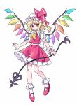  1girl ascot blonde_hair commentary crystal flandre_scarlet hat holding holding_weapon laevatein_(touhou) looking_at_viewer miy_001 mob_cap multicolored_wings one_side_up puffy_short_sleeves puffy_sleeves red_eyes red_footwear red_skirt red_vest short_sleeves side_ponytail single_wrist_cuff skirt skirt_set solo touhou vest weapon white_hat wings wrist_cuffs yellow_ascot 