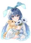  1girl absurdres anemone_(flower) animal blue_bow blue_eyes blue_hair blue_theme bow creature dot_nose expressionless flower hair_bow hair_intakes highres holding holding_animal holding_flower long_hair looking_at_viewer nagisa_(pan_to_honey) original parted_lips see-through see-through_sleeves simple_background solo straight-on upper_body white_background 