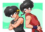  2boys bare_arms belt black_belt black_hair black_pants black_tank_top blue_eyes blue_wristband braid braided_ponytail brown_eyes bubble_background chinese_clothes crossed_arms frown green_background grin hands_on_own_crotch headband hibiki_ryouga looking_at_viewer multiple_boys muscular muscular_male pants ranma_1/2 red_shirt saotome_ranma shirt signature smile striped_headband tangzhuang tank_top wanta_(futoshi) wristband yellow_headband 