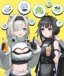  2girls 9kugai ahoge animal_ears arknights aurora_(arknights) bare_shoulders bear_boy bear_ears bear_girl black_gloves black_hair black_shirt black_shorts blonde_hair blue_eyes breasts character_request chocolate_chip_cookie cleavage cleavage_cutout clothing_cutout coat coat_on_shoulders cocktail_glass cookie crop_top cup dog_boy drink drinking_glass drinking_straw facing_viewer fingerless_gloves fondue_au_fromage food gloves grey_hair hair_intakes hair_ornament hair_over_one_eye hair_ribbon hairband hairclip hands_up highres holding holding_cup holding_drink hood hood_up ice index_finger_raised jacket la_pluma_(arknights) long_sleeves looking_at_another midriff mountain multiple_girls navel ocean palm_tree pancho_salas_(arknights) purple_eyes ribbon shirt shorts signature simple_background sleeveless sleeveless_shirt speech_bubble tequila_(arknights) tree upper_body white_hairband white_jacket white_ribbon yellow_background 