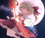  1girl ascot bare_legs blonde_hair crystal_wings dress embodiment_of_scarlet_devil flandre_scarlet frilled_dress frills full_body full_moon hat hat_ribbon laevatein_(touhou) looking_at_viewer mob_cap moon night night_sky open_mouth outdoors red_dress red_eyes red_ribbon ribbon side_ponytail sky solo touhou wrist_cuffs yellow_ascot yumemomosaka 
