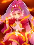  1girl akagi_towa belt black_background black_choker bracelet choker closed_mouth collarbone cowboy_shot cure_scarlet detached_sleeves dot_nose earrings fire go!_princess_precure jewelry long_hair magical_girl namo_(namo_suuun) parted_bangs pink_hair pointy_ears precure red_eyes red_sleeves ringlets simple_background smile solo standing 