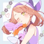  1girl alternate_color bandana blue_border blue_eyes blush border brown_hair flower gloves holding holding_pokemon may_(pokemon) mirai_(rs-729201204113-lg) mudkip one_eye_closed open_mouth pokemon pokemon_(creature) pokemon_emerald pokemon_rse puffy_cheeks purple_bandana purple_shirt shiny_pokemon shirt sleeveless white_gloves yellow_eyes 