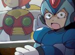  2boys android green_eyes koafreedraw looking_at_viewer male_focus mega_man_(series) mega_man_x_(series) meme multiple_boys open_mouth scared tearing_up woman_scared_of_breasts_(meme) x_(mega_man) zero_(mega_man) 