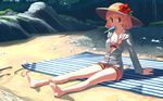  aki_minoriko barefoot bikini bikini_shorts blonde_hair breasts cleavage flower food hat hat_flower hibiscus jacket jacket_over_swimsuit looking_at_viewer medium_breasts mouth_hold orange_bikini popsicle red_eyes short_hair shorts sitting solo sun_hat swimsuit takuzui touhou 