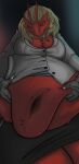 2021 absurd_res anthro avian belly big_belly blaziken bottomwear breasts clothed clothing deep_navel female generation_3_pokemon hi_res narrowed_eyes navel nintendo overweight overweight_anthro overweight_female pokemon pokemon_(species) red_body skirt solo