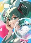  1girl :3 absurdres balloon blue_bow bow cinnamiku cinnamoroll closed_mouth dot_nose green_eyes green_hair green_necktie hair_between_eyes hair_bow hair_rings happy_birthday hatsune_miku headset highres in_bubble looking_at_viewer nagisa_(pan_to_honey) necktie pink_bow short_hair signature smile solo upper_body vocaloid white_bow 