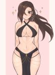  1girl bare_shoulders blush brown_eyes brown_hair commentary cowboy_shot criss-cross_halter fire_emblem fire_emblem_fates hair_over_one_eye halterneck highres kagero_(fire_emblem) loincloth long_hair looking_at_viewer navel pink_background purrlucii solo sparkle standing stomach thighs very_long_hair yomorio_lingerie 