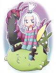 1girl bangs_pinned_back black_footwear blue_eyes boots chibi collarbone commentary_request forehead gulpin hair_bobbles hair_ornament knee_boots long_sleeves looking_at_viewer naga_u off-shoulder_shirt off_shoulder open_mouth pokemon pokemon_bw2 roxie_(pokemon) scolipede shirt shoe_soles sitting sleeves_past_fingers sleeves_past_wrists striped_clothes striped_shirt sweatdrop trubbish v-shaped_eyebrows white_hair 