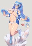  1girl 2channel_(/livejupiter/) animal_ears areola_slip artist_request blue_eyes blue_hair blue_shorts blue_sleeves blush breasts commentary_request covered_nipples creature_and_personification crop_top detached_sleeves full_body genderswap genderswap_(mtf) grey_background hair_between_eyes highres kenma-kun large_breasts medium_bangs navel open_mouth rabbit rabbit_ears rabbit_girl rabbit_tail short_hair shorts simple_background solo tail third-party_source transformation two-tone_shorts white_shorts 