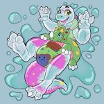  3_toes animate_inanimate anthro dinosaur feet hi_res inflatable living_inflatable pool_toy reptile scalie simple_background solo symrea toes yellow_eyes 