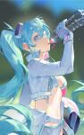 1girl absurdres bikini blue_eyes blue_hair blurry blurry_background blush bottle breasts chinese_commentary commentary cropped_jacket drinking from_side gloves goodsmile_racing grey_gloves grey_jacket grey_pants hair_behind_ear hatsune_miku helmet highres holding holding_bottle jacket kako_(pixiv77158173) long_hair navel pants racing_miku racing_miku_(2014) small_breasts solo swimsuit twintails unworn_headwear unworn_helmet very_long_hair vocaloid water_bottle white_bikini 
