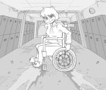 2024 akira_slide alexnikky anthro artist_name baryonyx black_and_white cavemanon_studios clothing dinosaur disability eyelashes female footwear freckles hallway hi_res hoodie i_wani_hug_that_gator inside locker looking_at_viewer monochrome olivia_halford paraplegic reptile scalie school_hallway shoes sitting sketch slippers snout solo spinosaurid theropod topwear vehicle watermark wheelchair