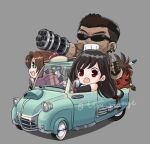  2boys 2girls aerith_gainsborough animal arm_cannon barret_wallace black_gloves black_hair braid braided_ponytail brown_hair brown_vest chibi driving earrings elbow_gloves facial_hair final_fantasy final_fantasy_vii final_fantasy_vii_remake fingerless_gloves full_body gloves green_eyes grey_background jacket jewelry long_hair low-tied_long_hair motor_vehicle multiple_boys multiple_girls open_mouth parted_bangs pink_ribbon red_eyes red_fur red_jacket red_xiii ribbon scar scar_across_eye short_hair single_earring sunglasses teeth tifa_lockhart tifa_redeye truck twitter_username vest weapon 