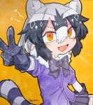  1girl :d animal_ears bad_id bad_twitter_id black_gloves black_hair black_skirt commentary_request common_raccoon_(kemono_friends) fang fur_collar gloves grey_hair hair_between_eyes hand_up highres inactive_account jmeysan kemono_friends looking_at_viewer multicolored_hair open_mouth pleated_skirt purple_shirt raccoon_ears raccoon_tail shirt short_hair short_sleeves sitting skirt smile solo tail traditional_media twitter_username v white_hair yellow_background yellow_eyes 