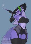 absurd_res anthro armwear biped blue_background breasts canid canine canis clothed clothing female five_nights_at_freddy&#039;s five_nights_at_freddy&#039;s:_security_breach fur green_hair hair hat headgear headwear hi_res legwear lipstick looking_at_viewer makeup mammal pulred purple_body purple_fur roxanne_wolf scottgames simple_background solo steel_wool_studios text wolf yellow_eyes