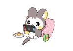  apple_juice black_eyes chibi emolga food handheld_game_console holding holding_handheld_game_console juice juice_box lying nintendo_switch no_humans open_mouth pillow pizza plate pokemon pokemon_(creature) simple_background smile solo tail tay_(emolga) white_background 