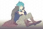  alternate_costume blue_hair boots dramatical_murder jacket_on_shoulders long_hair male_focus seragaki_aoba sitting solo trench_coat unaken 