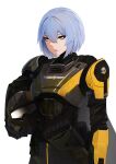  1girl absurdres armor blue_hair cape commentary cosplay crossover english_commentary gloves green_eyes gun hair_between_eyes helldiver_(helldivers) helldiver_(helldivers)_(cosplay) helldivers_(series) helmet highres holding makeup original saki_(the_atko) short_hair skull solo the_atko weapon 