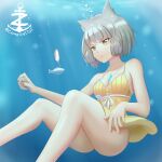  1girl absurdres animal_ears ass blunt_bangs breasts cat_ears chest_jewel cleavage core_crystal_(xenoblade) facial_mark fishing_hook grey_hair highres holding_breath nia_(xenoblade) puffy_cheeks short_hair small_breasts solo swimsuit underwater xenoblade_chronicles_(series) xenoblade_chronicles_2 yellow_eyes zambonito 