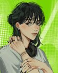  1girl black_eyes black_hair black_nails brown_lips commentary earrings ezdubs185 green_background grey_shirt grid_background hair_between_eyes hair_bun hand_on_own_wrist hand_up headphones headphones_around_neck highres jewelry kininatteru_hito_ga_otoko_ja_nakatta koga_mitsuki looking_to_the_side medium_hair mole mole_under_eye multiple_rings polka_dot polka_dot_background procreate_(medium) ring shirt short_sleeves single_hair_bun solo upper_body 