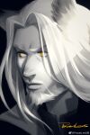  1boy absurdres arknights beard facial_hair full_beard greyscale hellagur_(arknights) highres looking_ahead male_focus mature_male monochrome portrait powerlesssong serious solo thick_beard thick_eyebrows tsurime yellow_eyes 