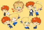  1boy 1girl ahoge animal_costume apron artoria_pendragon_(fate) black_apron black_pantyhose blonde_hair blue_bow blue_pants blue_ribbon blue_skirt boots bow bow_skirt braid braided_bun brown_footwear chibi closed_eyes closed_mouth denim emiya_shirou fangs fate/stay_night fate_(series) flying_sweatdrops green_eyes hair_bun hair_ribbon hands_up highres holding holding_hands holding_stuffed_toy hugging_object jeans lion_costume long_sleeves looking_at_another looking_at_viewer looking_to_the_side lying multiple_views musical_note neck_ribbon notice_lines nozawa_noko on_side open_mouth pants pantyhose raglan_sleeves red_hair ribbon saber_(fate) saber_lion shirt shoes short_hair simple_background sitting skin_fangs skirt sleeping smile socks spoken_musical_note standing stuffed_animal stuffed_lion stuffed_toy t-shirt walking white_shirt white_socks yellow_background yellow_eyes 