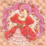  1girl artist_name black_corset blunt_bangs brown_background commentary_request corset cropped_legs dress flower food frilled_dress frills fruit gloves hair_flower hair_ornament heart jewelry looking_to_the_side mrnmikannn necklace one_piece perona pink_gloves pink_hair puffy_short_sleeves puffy_sleeves red_dress short_sleeves sidelocks smile solo strawberry twintails 