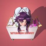  bdsm blush bondage bound box condom in_box in_container katsuragi_misato long_hair neon_genesis_evangelion plugsuit public_use purple_hair reptileye restrained skin_tight skintight stuck 