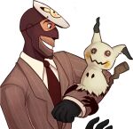 4_fingers alpha_channel ambiguous_gender clothing costume crossover duo feral fingers generation_7_pokemon gloves handwear happy headgear headwear holding_wrist human looking_at_another looking_down male mammal mask mask_on_head mimikyu necktie nintendo pikachu_costume pinstripe_suit pokemon pokemon_(species) shadow simple_background size_difference smaller_feral smile spy_(team_fortress_2) standing_on_another suit team_fortress_2 transparent_background unknown_artist valve