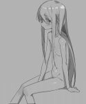  1girl blush breasts completely_nude expressionless feet_out_of_frame grey_theme kurobeko_(kur0bek0) long_hair looking_at_viewer monochrome navel nude original sitting small_breasts solo 