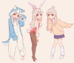  1girl :d ahoge animal_costume animal_ear_hairband animal_ears animal_hands bare_arms bare_legs barefoot black_pantyhose blue_skirt carrot chinese_commentary commentary_request fake_animal_ears full_body gloves grey_hair gyaru hairband highres index_finger_raised kneehighs kogal light_blush long_hair long_sleeves loose_socks miniskirt multicolored_hair multiple_views no_shoes onesie onii-chan_wa_oshimai! open_mouth oyama_mahiro pantyhose paw_gloves paw_pose pink_hair playboy_bunny rabbit_ears rabbit_tail simple_background skirt smile socks sweater tail two-tone_hair white_socks wolf_costume wrist_cuffs yellow_eyes yellow_sweater ziyan_yi 